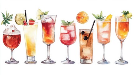 watercolor cocktail collection vibrant hand-painted illustrations of various cocktails on white background. colorful and whimsical beverage art with loose, expressive style.