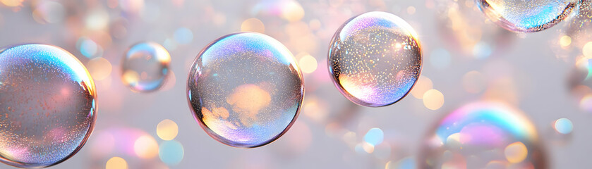 Holographic Champagne Bubbles Field - Medium Shot with Reflections and Copy Space on a White Background - Mesmerizing Photo Stock Concept