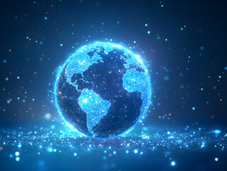 Fototapeta premium Flat Glossy Blue Background with Glowing Globe for Global Unity Concept - Perfect for Human Rights Day - Reflective Shine and Ample Copy Space