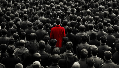 Obraz premium Photograph an individual dressed distinctly among a large crowd wearing uniform or similar attire, creating a contrast between them and the crowd