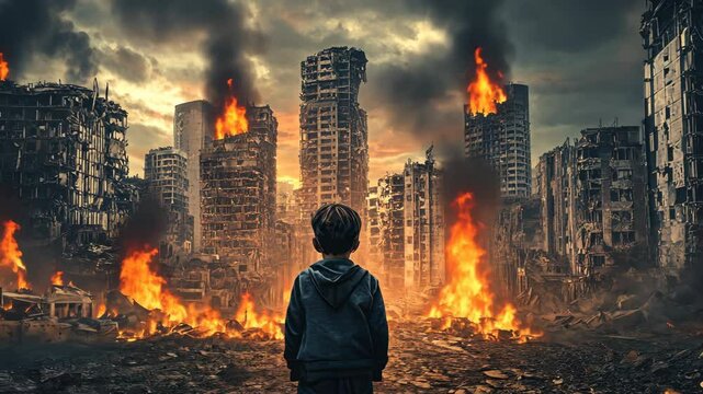 A young boy stands in the middle of a burning city, surrounded by rubble and smoke