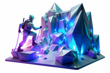 Glowing Ice Climber Scaling Neon-Lit Mountain Surrounded by Vibrant Abstract Snowflakes in Futuristic Winter Adventure Concept