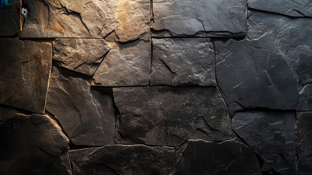 weathered black slate wall with intricate patterns of natural fissures and veins, illuminated by soft, ambient lighting to highlight texture and depth. moody, minimalist aesthetic.