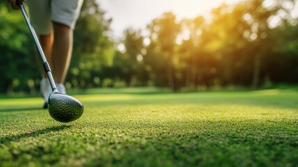 A golfer preparing to swing on a lush green course during sunset.