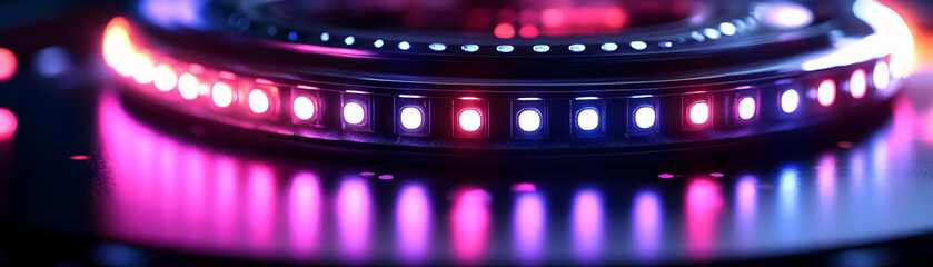 Macro Shot of a Futuristic Menorah Base with Glowing LED Light Strips - Intricate High-Tech Design and Close-Up Focus on Metallic Details for Photo Stock Concept