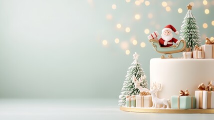 A beautifully decorated Christmas cake with Santa Claus, reindeer, and presents made of sugar, surrounded by edible icing decorations like a Christmas tree, candy canes, and snowflakes on a light back