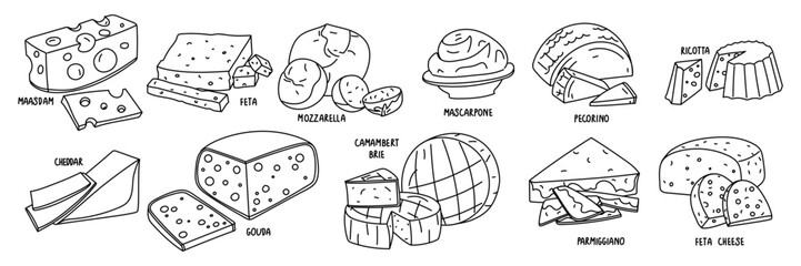 Doodle is a set of different types of cheese in a group. Group illustrations of cheeses in different positions, slicing, individual pieces, collection of dairy products. Popular cheeses with names