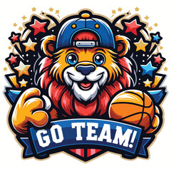 Adobe A cartoon lion mascot wearing a backwards cap gives a thumbs-up while holding a basketball, perfect for representing your sports team or school. 
