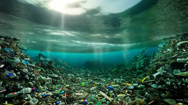 A seafloor covered in plastic waste shows the devastating impact of pollution on marine life