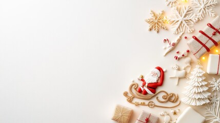 A beautifully decorated Christmas cake with Santa Claus, reindeer, and presents made of sugar, surrounded by edible icing decorations like a Christmas tree, candy canes, and snowflakes on a light back