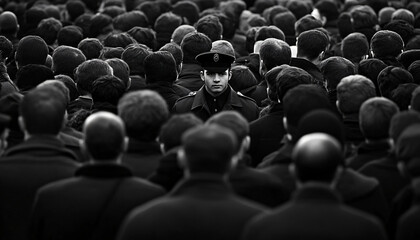 Obraz premium Photograph an individual dressed distinctly among a large crowd wearing uniform or similar attire, creating a contrast between them and the crowd
