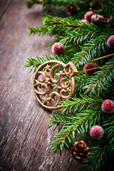 Christmas decoration on rustic wooden background. Close up.