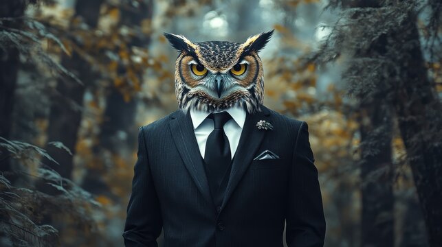 An owl in a black suit stands against a dramatic forest backdrop, blending elegance with the wild. Realistic, highly detailed