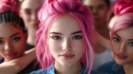 Obraz premium 3D Pink Hair Streaking: Hairdresser Adds Pink Streaks for Awareness Month in Bustling Salon Full of Diverse People and Candid Excitement