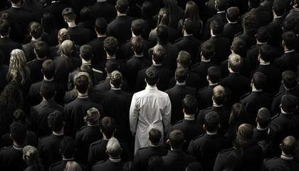 Obraz premium Photograph an individual dressed distinctly among a large crowd wearing uniform or similar attire, creating a contrast between them and the crowd