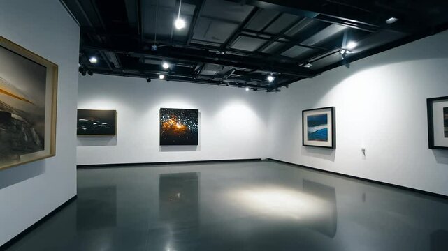 Camera slowly rotates 360 degrees in an art gallery with white walls and polished concrete floors, spotlight lighting