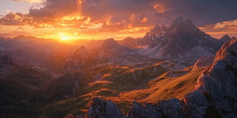 Obraz premium Mountain range illuminated by a vibrant sunset, casting long shadows across the landscape.