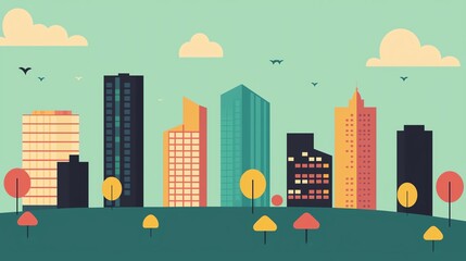 Obraz premium Stylized city skyline with colorful buildings and trees under a bright sky.