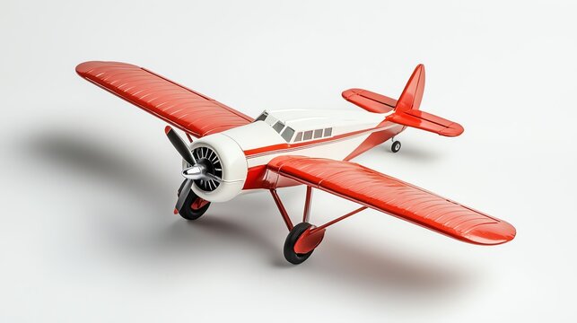 Red vintage toy airplane model on a white isolated background.