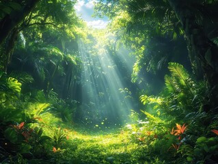 Obraz premium lush tropical jungle scene bursting with vibrant green foliage sunlight filtering through the thick canopy creating a serene atmosphere filled with life and the essence of untouched nature