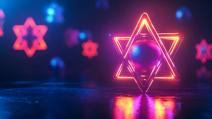 Fototapeta premium 3D Glossy Dreidel Surrounded by Neon Lights - Futuristic Festive Background with Copy Space for Promotions