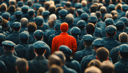 Obraz premium Photograph an individual dressed distinctly among a large crowd wearing uniform or similar attire, creating a contrast between them and the crowd