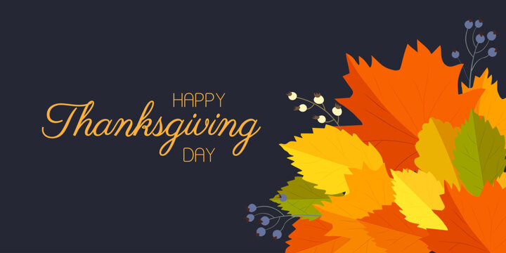 Happy Thanksgiving day text with autumn leaves on a dark background. Vector banner.	