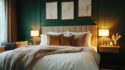 A modern bedroom with deep forest green walls and beige linens with warm ambient lighting