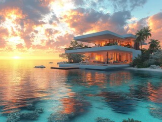 luxurious futuristic houses floating serenely on turquoise waters surrounded by vibrant coral reefs and swaying palm trees under a radiant sunset sky reflecting tranquility and elegance