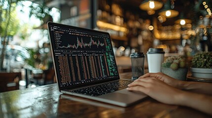 A person analyzing stock market data on a laptop in a café setting.