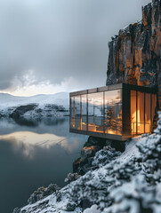 The winter scene is utterly breathtaking, showcasing a modern glass house perched on a cliff overlooking a serene snowcovered lake, with grand snowy mountains in the distance