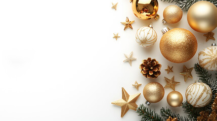 Fototapeta premium Decorative golden Christmas stars and ornaments on a white background, copy space. Generative AI.