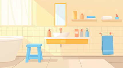 Modern Bathroom Sink Area with Colorful Bottles and Soft Towels