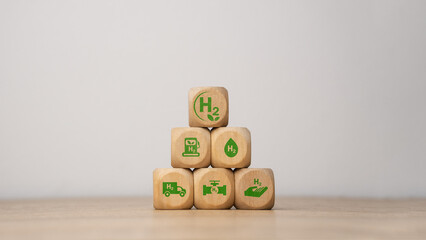 Clean hydrogen energy concept, environment, eco-friendly industry and alternative energy. Wooden...