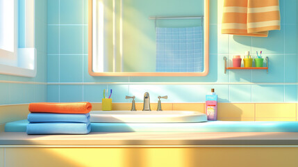 Bright and Playful Bathroom Sink Setup with Step Stool and Toiletries