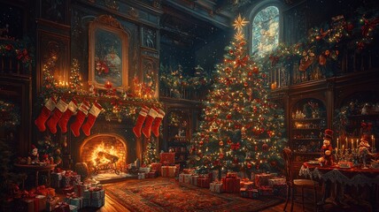 Naklejka premium Luxurious Christmas living room featuring a grand tree, stockings by a roaring fireplace, festive decorations, and wrapped presents.