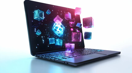 Fototapeta premium 3D Glossy Laptop Displaying Holographic Dreidel and Gelt on Isolated White Background - Perfect for Holiday Ecommerce Promotions