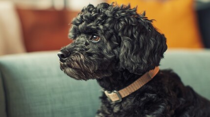A black poodle with a pink collar sits on a gray couch, looking to the left with a serious expression.