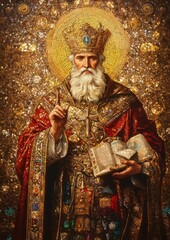 Fototapeta premium Beautiful stained glass artwork of Saint Nicholas, featuring a radiant halo, richly detailed robes, and a blessing gesture, symbolizing holiness and devotion.