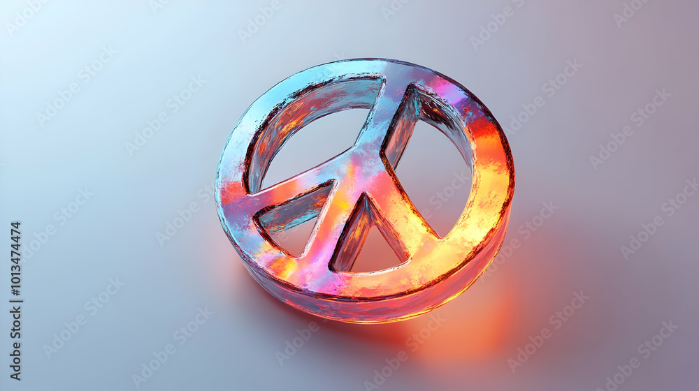 Wall mural 3D Glossy Holographic Peace Symbol with Human Rights Text - Floating Icon and Copy Space on White Background