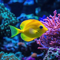 A vibrant yellow fish swims gracefully among colorful coral reefs, showcasing the beauty of marine life in its natural habitat.