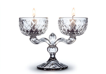 a crystal candle holder with two candles

