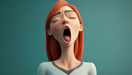 Yawning Animated Character with Red Hair in Cartoon Style: 3D Illustration of Fatigue and Boredom in Creative Design
