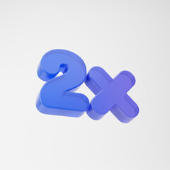 Transparent purple 2x symbol isolated over white background. 3D rendering.