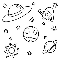space objects in doodle style outline coloring book page line art drawing