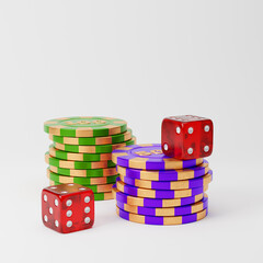 Gold casino chips with red dice isolated over white background. 3D rendering.