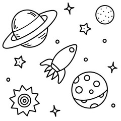 space objects in doodle style outline coloring book page line art drawing