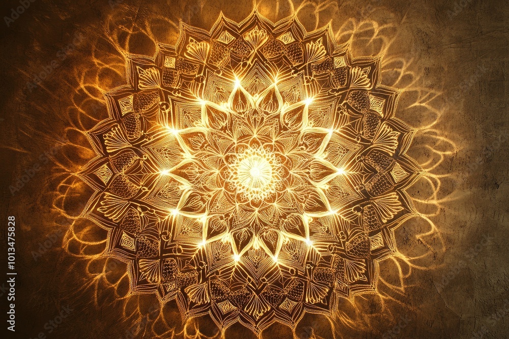 Wall mural intricate mandala design radiating warm golden light, perfect for backgrounds or spiritual themes.