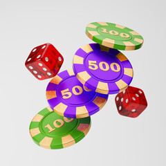 Falling gold casino chips with red dice isolated over white background. 3D rendering.