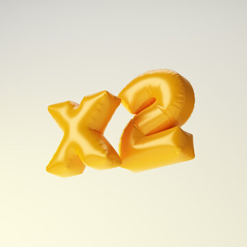 Inflated yellow x2 symbol isolated over white background. 3D rendering.